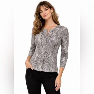 White House Black Market cardigan sweater gray white snakeskin print knit size S